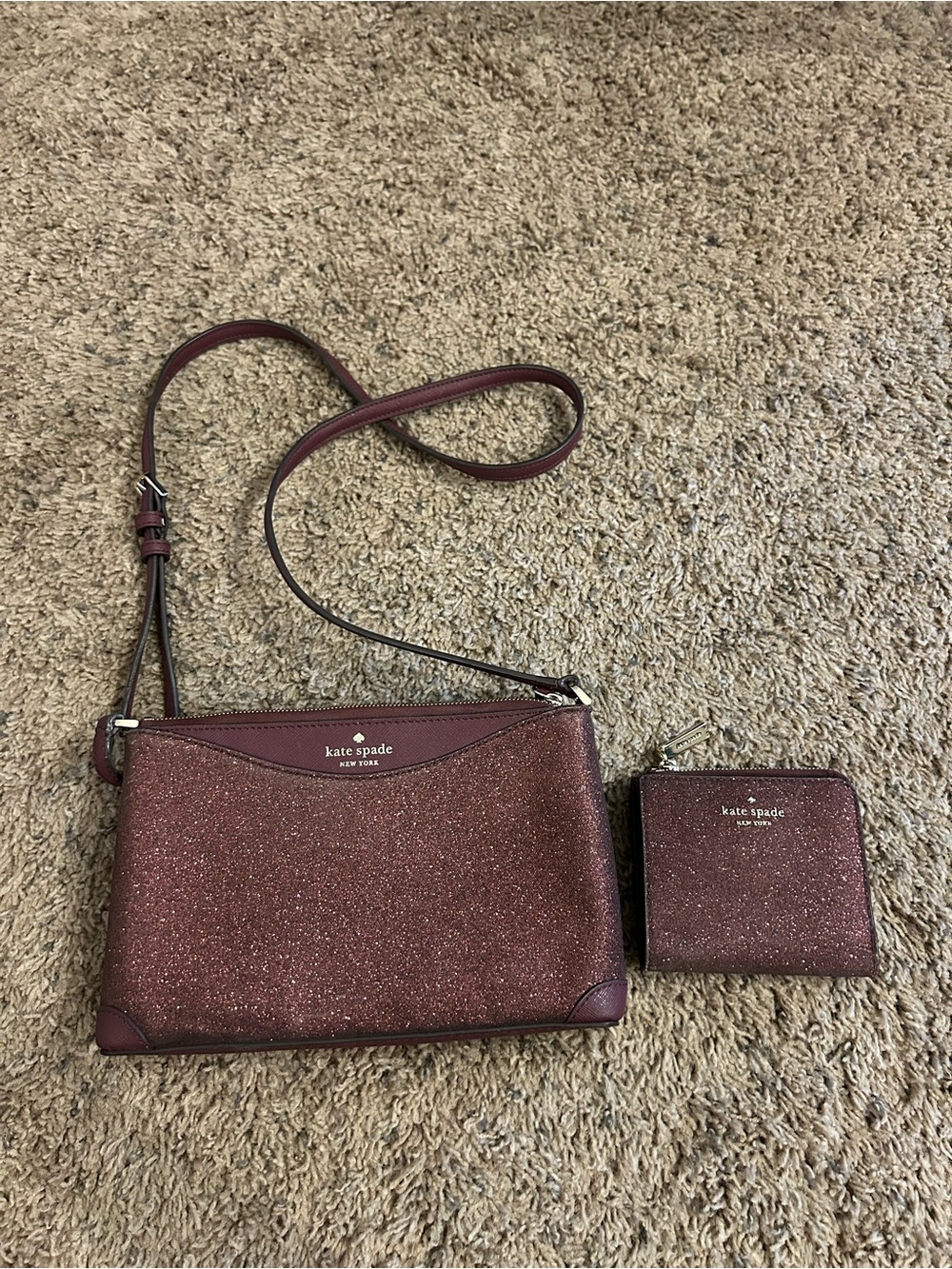 Kate spade maroon glitter crossbody wallet set of two